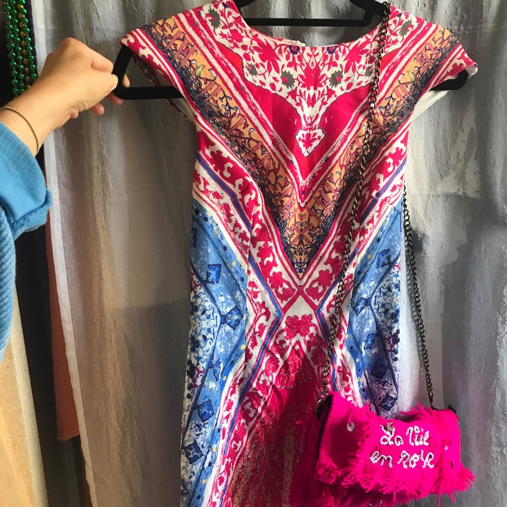 Pink Blue White Printed Mini Formal Dress
